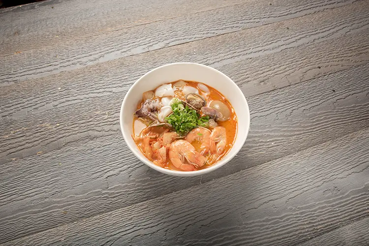 Seafood tom yum noodle soup with shrimp and clams at P P Pop Taiwanese Noodle Restaurant, a Taiwanese Restaurant in Monterey Park