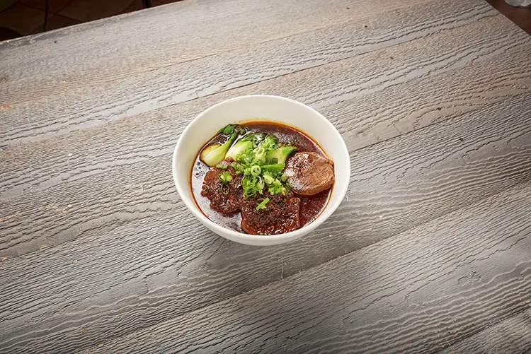 Spicy beef noodles with bok choy and green onions at P P Pop Taiwanese Noodle Restaurant, a Taiwanese Restaurant in Monterey Park