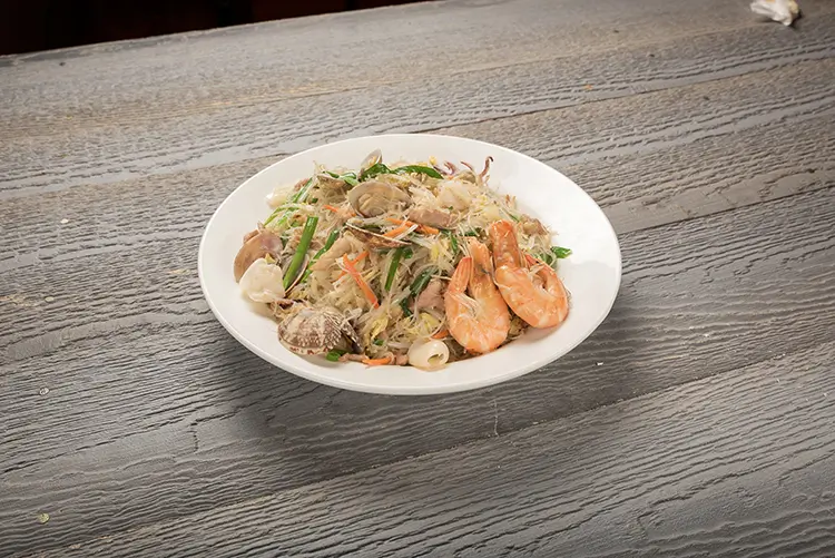 Stir‑fried glass noodles with mixed seafood and greens at P P Pop Taiwanese Noodle Restaurant, a Taiwanese Restaurant in Monterey Park