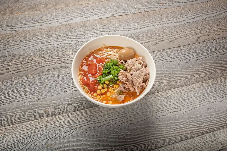 Tomato beef shabu ramen with corn and soft‑boiled egg at P P Pop Taiwanese Noodle Restaurant, a Taiwanese Restaurant in Monterey Park
