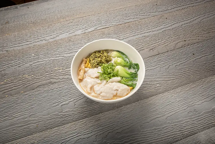 White broth fish fillet noodles with bok choy and green onions at P P Pop Taiwanese Noodle Restaurant, a Taiwanese Restaurant in Monterey Park